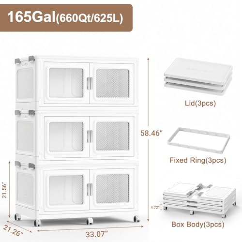 BROVIEW 660Qt Extra Large Stackable Storage Bins with Lids,165Gal Stackable Storage Bins Open Front with Wheels, Plastic Storage Cart Organizer and Storage for Home Kitchen, 3 Packs, White
