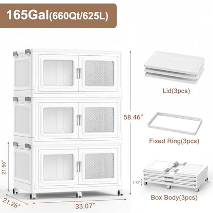 BROVIEW 660Qt Extra Large Stackable Storage Bins with Lids,165Gal Stackable Storage Bins Open Front with Wheels, Plastic Storage Cart Organizer and Storage for Home Kitchen, 3 Packs, White