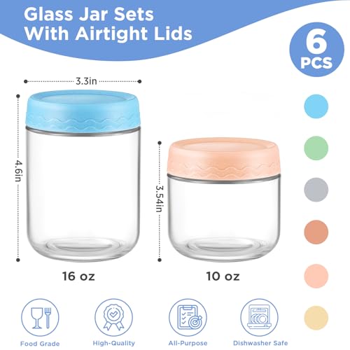 DRKIO 10 & 16 Oz Overnight Oats Containers with Lids - 6 Pack Glass Storage Jars with Airtight Lids Wide Mouth Mason Food Jars Great for Meal Prep Salad Chia Puddirg Snacks Yogurt Sugar Spice Cereal - color: 10&16 Oz - 6 Colors