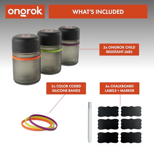 ONGROK Glass Storage Jar, 180ml, 3 Pack | UV Herb/Spice Jar with Child‑Resistant Lid, Color‑Coded Glass Containers to Preserve Smell and Aroma - size: 180ML - 3 Pack