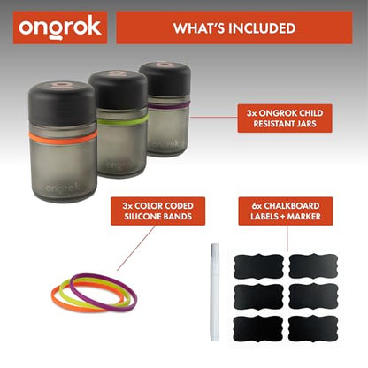 ONGROK Glass Storage Jar, 180ml, 3 Pack | UV Herb/Spice Jar with Child‑Resistant Lid, Color‑Coded Glass Containers to Preserve Smell and Aroma - size: 180ML - 3 Pack