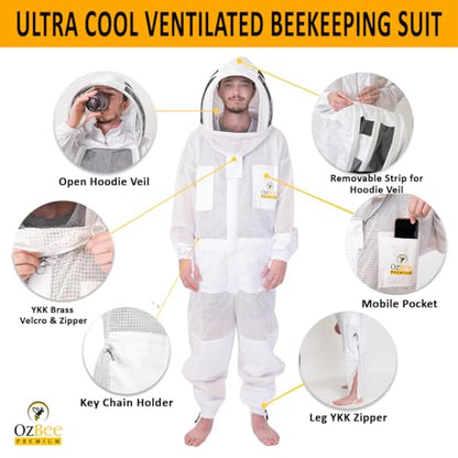 OZBEE 3 Layer Ventilated Beekeeping Suit with Fencing & Round Veil, Goatskin Leather Gloves, Protective Bee Suit - size: X-Large