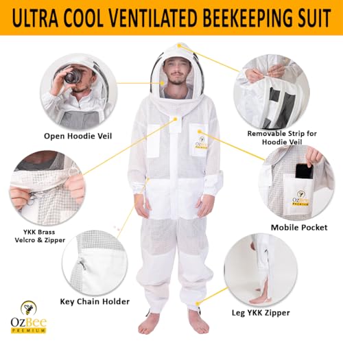 OZBEE 3 Layer Ventilated Beekeeping Suit with Fencing & Round Veil, Goatskin Leather Gloves, Protective Bee Suit - size: X-Large