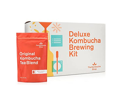 The Kombucha Shop, Deluxe Kombucha Brewing Kit with Tea to Make an Additional 10 Gallons - Six Swing Top Bottles, Stainless Steel Funnel, Custom Bottle Brush, 10 Gallon Tea & Our Original Brewing Kit