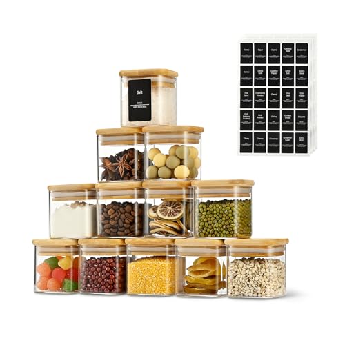 D2scrma 4oz Airtight Square Spice Containers with Bamboo Lid Set of 12 (120ml) with Black Lables Storage Stackable Spice Jar, Kitchen Canister for Sugar, Tea, Flour, Salt and Seasonings - size: 4oz*12
