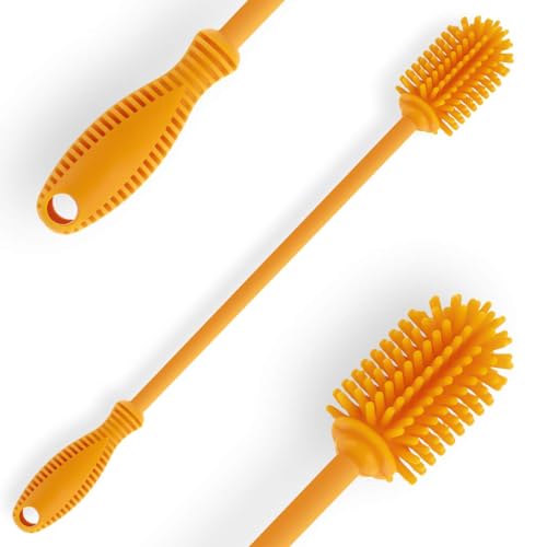Silicone Bottle Cleaning Brush with Long Handle,12.5" Water Bottle Cleaner for Baby Bottles, Hydro Flask, Sports Bottle, Vase, Glassware, Perfect for Smaller Diameter Bottle Openings (One Pack) - color: Orange