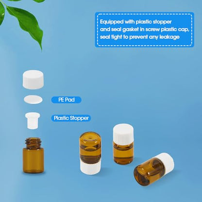 25PCS 2ml Amber Glass Vials with White Screw Caps and Plastic Stoppers, 1/2 Dram Leak-Proof Small Liquid Sample Bottles for Essential Oils, Perfumes, Reagents - color: AMBER, size: 2ml