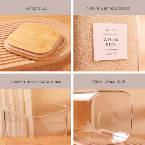 2 Pack Square Glass Flour and Sugar Containers with 132 Kitchen Pantry Labels - Thicken 120 FL OZ Large Glass Storage Jars with Airtight Bamboo Lid - Big Food Canisters for Cookies, Rice, Coffee - size: 120OZ