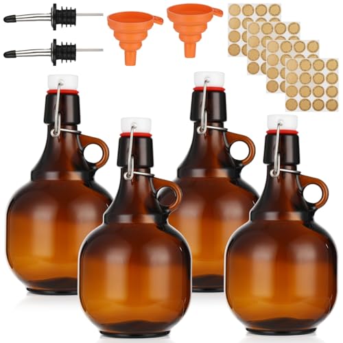 4 Pcs 34oz Beer Bottles for Home Brewing, Amber Glass Gallon Jugs with Airtight Swing Top, Flip Top Storage Bottles Set with Pourers, Funnels, Labels, Glass Containers for Home Brewing