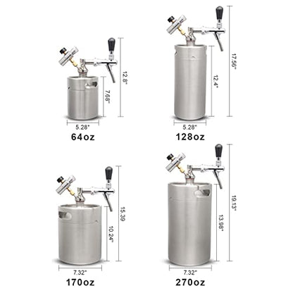 YUEWO Mini Beer Keg, Beer Pressurized Growler Tap System, 304 Stainless Steel Portable Dispenser Kegerator Kit with Co2 Regulator to Carbonation for Draft, Homebrew, Craft Beer (64OZ) - size: 64OZ