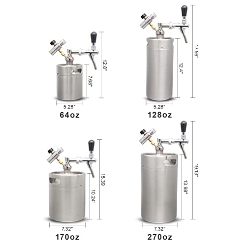 YUEWO Mini Beer Keg, Beer Pressurized Growler Tap System, 304 Stainless Steel Portable Dispenser Kegerator Kit with Co2 Regulator to Carbonation for Draft, Homebrew, Craft Beer (128OZ) - size: 128OZ