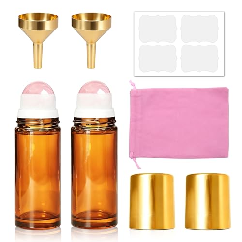 Cocurb 2pcs 1oz Rose Quartz Roller Bottles for Essential Oils Perfume Skincare DIY,Refillable Leak-Proof Amber Glass Roll on Bottle Empty Deodorant Containers with Gold Cap&Storage Bag - color: Amber, size: 2 Pack