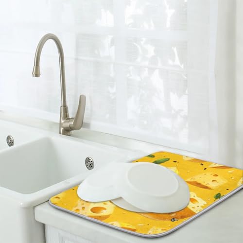 Cheese Dish Drying Mat for Kitchen Counter Yellow Cheese Absorbent Drainer Mats Microfiber Dish Dry Pad Washable Coffee Bar Decor 16x18 Inch - size: 16" x 18"