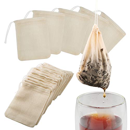 Tea Filter Bags, 50 Pack Empty Reusable Cotton Tea Bag for Loose Leaf Tea | 3.1 x 3.9Inch Unbleached Strainer ECO Friendly Tea/Herb Brew Bags Tea Infuser tea strainer