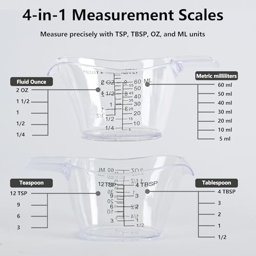 3 Pack 2 Ounce Measuring Cups, Food-Grade Plastic Small Measuring Cup for Hair Color, Hot Tub Chemicals & DIY Mixing, Mini Ounce Measure Cup with Easy-Read Markings