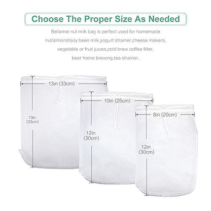 Nut Milk Bag Reusable 3 Pack Multi-size Food Strainer Nut Bags | for Straining Almond/Soy Milk Greek Yogurt Cold Brew Coffee Tea Beer Celery Juice Fine Nylon Mesh(8"x12"/10"x12"/13"x13") - size: 3 pack-8"x12"/10"x12"/13"x13"