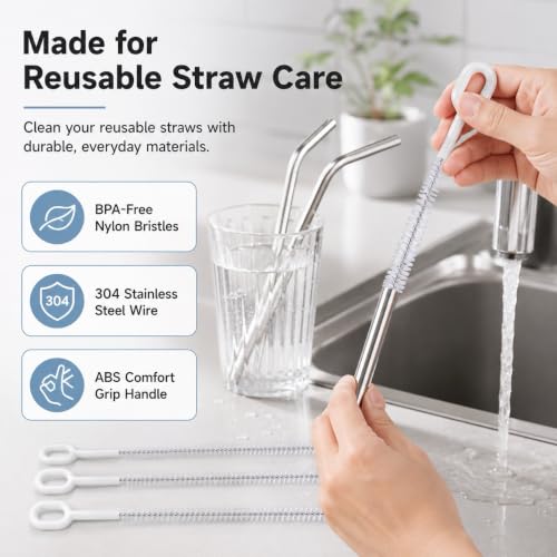 Heavy-Duty Straw Cleaner Brush Set, 10 Inch, 4 Sizes for Tumbler Straws | Fits Stanley, YETI, Hydro Flask and Simple Modern tumbler straws, 6/8/10/12mm Widths, Full-length Bristles, Comfort Grip