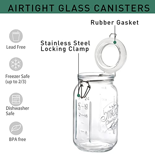 Tebery 4 Pack Clear Wide Mouth Glass Mason Jars with Airtight Clamp Lids, 32Oz Glass Storage Containers Large Kitchen Canisters for Food, Flour, Pasta, Coffee, Candy, Dog Treats, Snacks & More