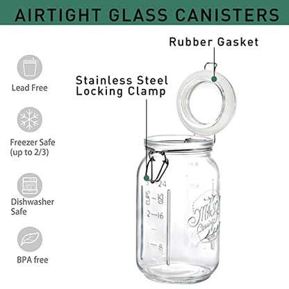 Tebery 4 Pack Clear Wide Mouth Glass Mason Jars with Airtight Clamp Lids, 32Oz Glass Storage Containers Large Kitchen Canisters for Food, Flour, Pasta, Coffee, Candy, Dog Treats, Snacks & More