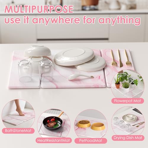 3 PCS Large Stone Dish Drying Mat for Kitchen Counter -24"x16" Absorbent Diatomaceous Earth Mat with Stone Faucet Mat & Soap Tray - Quick Dry, Collapsible, Non-Slip Countertop Organizer - color: PINK Marble