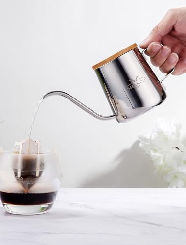 MERMOO YILAN Pour Over Coffee Kettle with Wooden Lid 12oz Coffee Maker | 304 Stainless Steel|Stovetop Coffee Pot |Gooseneck Pouring Kettle|Dishwasher Safe|for Camping,Home,Travel,Office - color: Silver