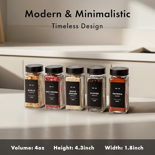 EDELHAUS Glass Spice Jars with Label, Seasoning Set, 24x Black Steel Lids | Airtight lids keep spices fresh; use as a spice organizer, seasoning containers or 4 oz jar set; funnel, brush & 240 labels - color: Black Stainless Steel Lid