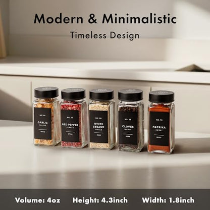 EDELHAUS Glass Spice Jars with Label, Seasoning Set, 36x Black Steel Lids | Airtight Lids keep spices fresh, Kitchen Spice Drawer Organizer, 4oz Seasoning Containers incl. Funnel, Brush & 240 Labels - color: 36x Black Lid Jars
