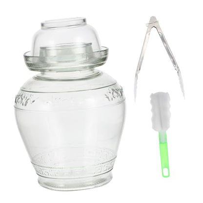 Airtight Glass Pickle Jar 5lb Large Capacity Fermentation Crock with Water-sealed Lid Set Including Inner Cover, Brush, and Tongs for Home Kimchi and Sauerkraut Storage