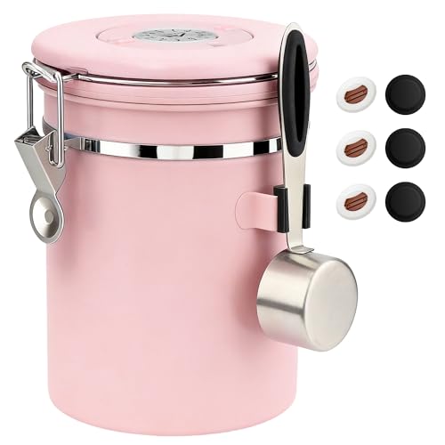 ShanSon Coffee Canister Airtight, Stainless Steel Bean Storage Container with Date Tracker & Scoop, Grounds Sugar Flour Tea Cereal Fits Kitchen Pantry, Ideal Gift for Coffee Lovers,22oz, Pink - color: Pink-Upgraded Version, size: 22oz