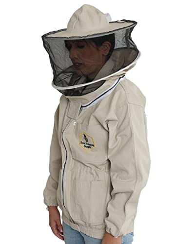 Beekeeping Jacket with Round Veil and Gloves, Natural Canvas Bee Jacket with Durable YKK Brass Zippers for Professional & Hobby Beekeepers (Medium) - size: Medium