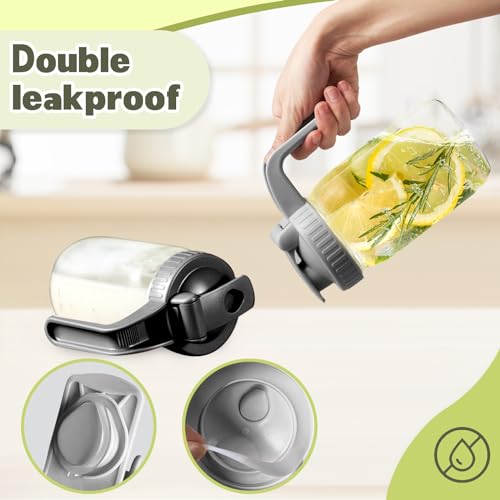 2 Pack Wide Mouth Mason Jar Lids V-Shaped with Handle, Mason Jar Pour Spout with Extended Flip Lid Easy to Open, Airtight Leak Proof and Durable - color: Grey+Black, size: 2pcs