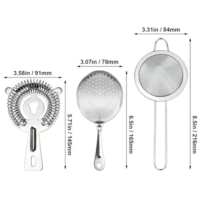 3-in-1 Cocktail Strainer Set, Includes Julep, Hawthorne, Fine Mesh Strainer, Food Grade 304 Stainless Steel, Complete Set Covering All Cocktail Straining Techniques, Essential Home Bar Tools