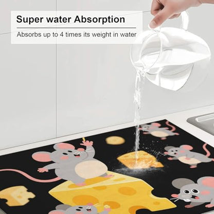Dish Drying Mat for Kitchen Counter, 18" x 24" Microfiber Dishes Drainer Mats Super Absorbent Kitchen Drying Mat Cute Mouse cheese Dish Rack Pad for Utensils, Countertops, Sinks