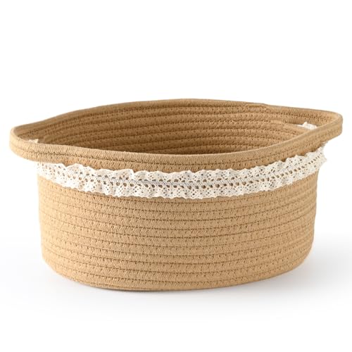 Happyiren Brown Woven Cotton Rope Storage Basket with Lace Trim | Collapsible Toy Organizer, 13" D x 8" W x 6" H, Decorative Basket for Nursery - color: Sand, size: 1 Pack