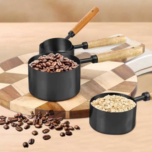 Black Measuring Cups and Spoons Set,8 Piece Stainless Steel Measuring Cup with Wood Handles for Cooking and Baking in the Kitchen - color: Black