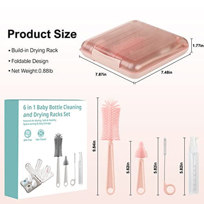 6 in 1 Baby Bottle Cleaner Set with Drying Rack,Silicone Baby Bottle Brush,Straw Brush,Nipple Brush,Soap Dispenser and Storage Box, Portable Baby Essentials for Home&Travel(Pink) - color: Pink