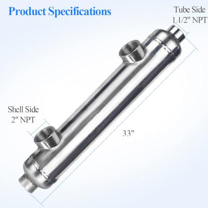 AB Swimming Pool Heat Exchanger 360kBtu Stainless Steel 316L Opposite Side Ports 2" & 1 1/2" FPT w/Brackets - size: 2'9" x 4" (Cylindrical)