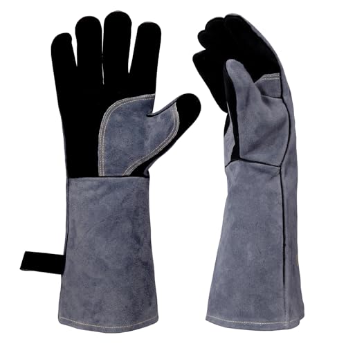 16" Leather Forge Welding Gloves, 932℉ Heat/Fire Resistant, Multi-Use Mitts for TIG/MIG Welding, BBQ, Oven, Baking, Furnace, Beekeeping, Animal Handling & Stove Safety，Ambidextrous - color: Crey, size: Large