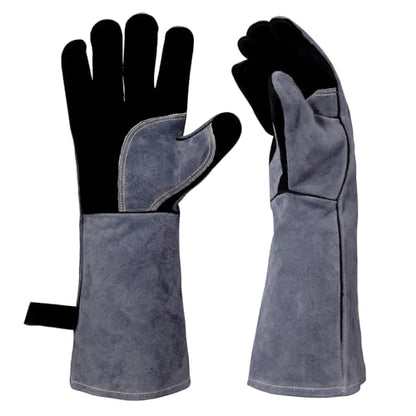 Leather Welding Gloves, 16inch 932℉ Heat/Fire Resistant, Wood Stove Gloves, Large Mitts for BBQ,Grill,Tig/Mig (Grey, M) - color: Crey, size: Medium