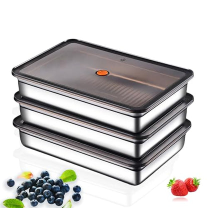 Stainless Steel Food Storage Containers, Silver, Airtight with Vacuum Seal, Stackable Rectangular, 3-Piece Set, BPA-Free Lids, for Meal Prep and Leftovers Storage(Shallow- 1.9'' Height) - color: Black - 1.9'' Height
