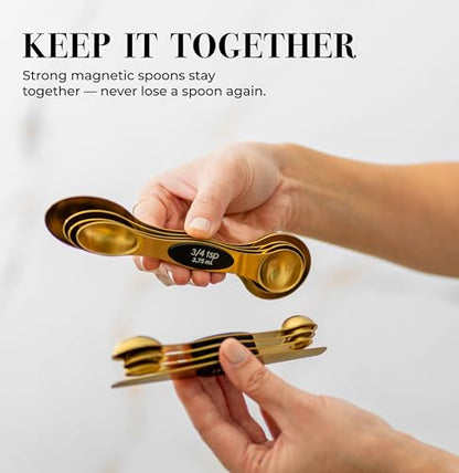 Magnetic Measuring Spoons Set – Stainless Steel Gold Measuring Spoons for Cooking and Baking – Cute and Durable Gold Kitchen Accessories - Great for Gifting - color: Black & Brass Gold