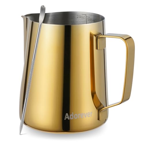 Milk Frothing Pitcher, 600ml (20oz) Steaming Pitchers Stainless Steel Milk Coffee Cappuccino Latte Art Barista Steam Pitchers Milk Jug Cup with Decorating Art Pen, Gold - color: F Gold, size: 20 Ounces