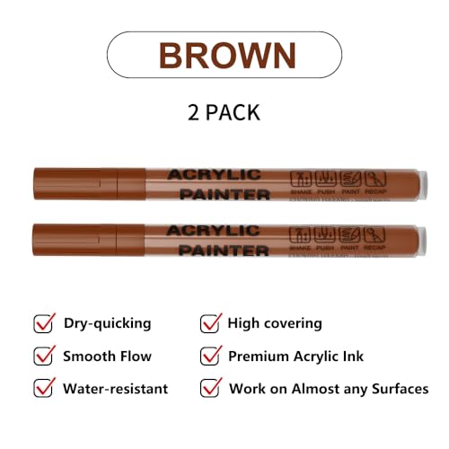 Acrylic Paint Pens Waterproof Markers 2 Brown Permanent Marker Pens Acrylic Pens for Rock Painting Glass Stone Ceramic Metal Fabric Pebble Painting pens Craft Supplies - color: Brown