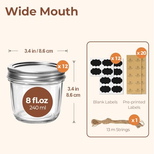 ComSaf 8 oz Wide Mouth Mason Jars Bulk Set, 12 Pack Small Jars with Lids | BPA-Free,Half-Pint Portion, Chunky Salsa, Overnight Oats, Party Favors, Meal Prep, DIY Candles, For Big Canning Project - size: 8oz*12 wide mouth
