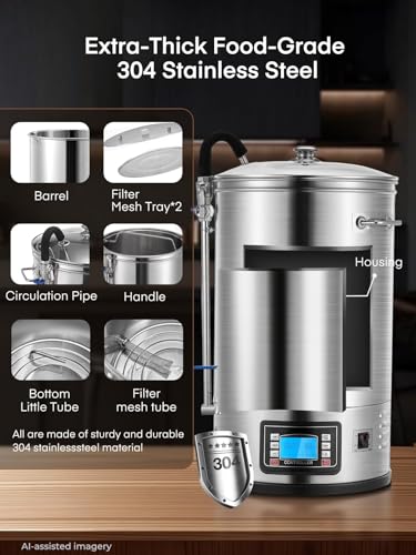 FOHERE All-in-One Electric Brewing System (9.2 Gal/35L), Stainless Steel Home Beer Brewer, Mash & Boil Pot with 7-Step Programmable & 10 Recipe Memory