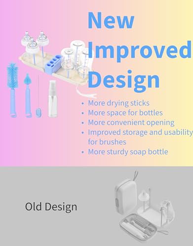 Travel Bottle Cleaner kit, 7in1 Baby Travel Gear Silicone Travel Bottle Brush Set Nipple Drying Rack, Straw Breast Pump Cleaning Soap Dispenser Organizer Case Mon Gift (Blue) - color: Blue