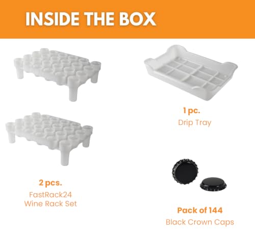 FastRack Complete Bottle Prep Kit | (2) Stackable Beer Bottle Drying Racks, (1) Drip Tray & (144) Black Crown Caps | Storage Tree Alternative for Homebrewing & Wine Making