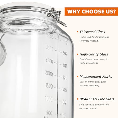 2 Pack 1.1 Gallon Square Super Wide Mouth, Airtight Glass Storage Jars, with Measurement Marks, Leak-Proof Lids for Kitchen Pantry, Canning, Dry Food (Flour, Sugar) & Drinks - size: Wide Mouth Set of 2