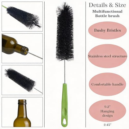 17" Extra Long Water Bottle Cleaning Brush, 2 Pack Flexible Bottle Scrubber for Narrow Neck Wine Decanter, Beer Bottle, Sport Flask, Baby Bottle, Tumbler, Kombucha Carboy, Vase & Kitchen Sink - Black