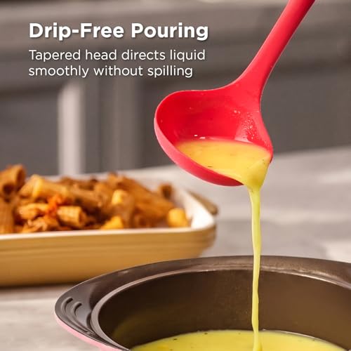 Kitchen Mama DuoEssentials Ladle & Cooking Spoon Set, Red | Silicone, Heat Resistant, One-Piece Design, For Nonstick Cookware, For Soup, Stirring, Serving & Sauteing - color: Red